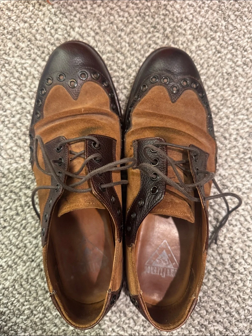 John Fluevog Men's Two-Tone Brown Suede & Leather Wingtip Oxfords